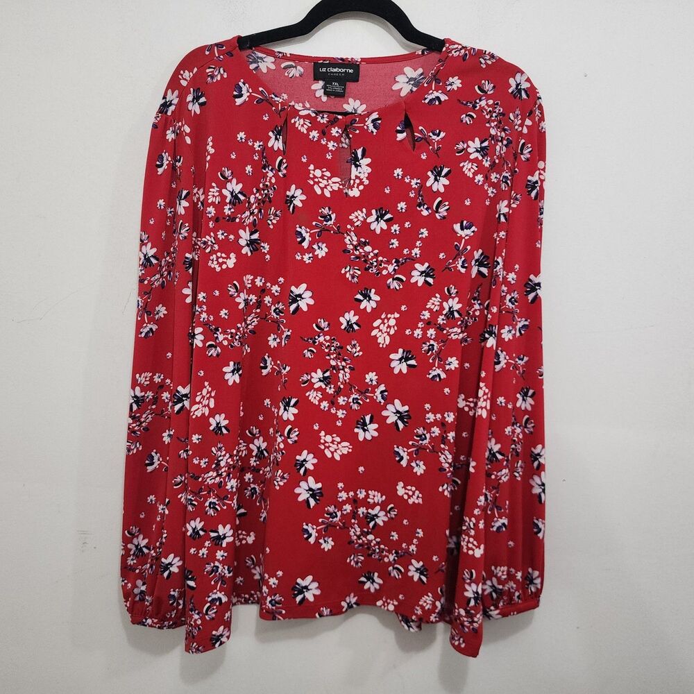 Liz Claiborne Career Top PlusSize XXL Red Multicolor Floral Cutout Neck Shirt